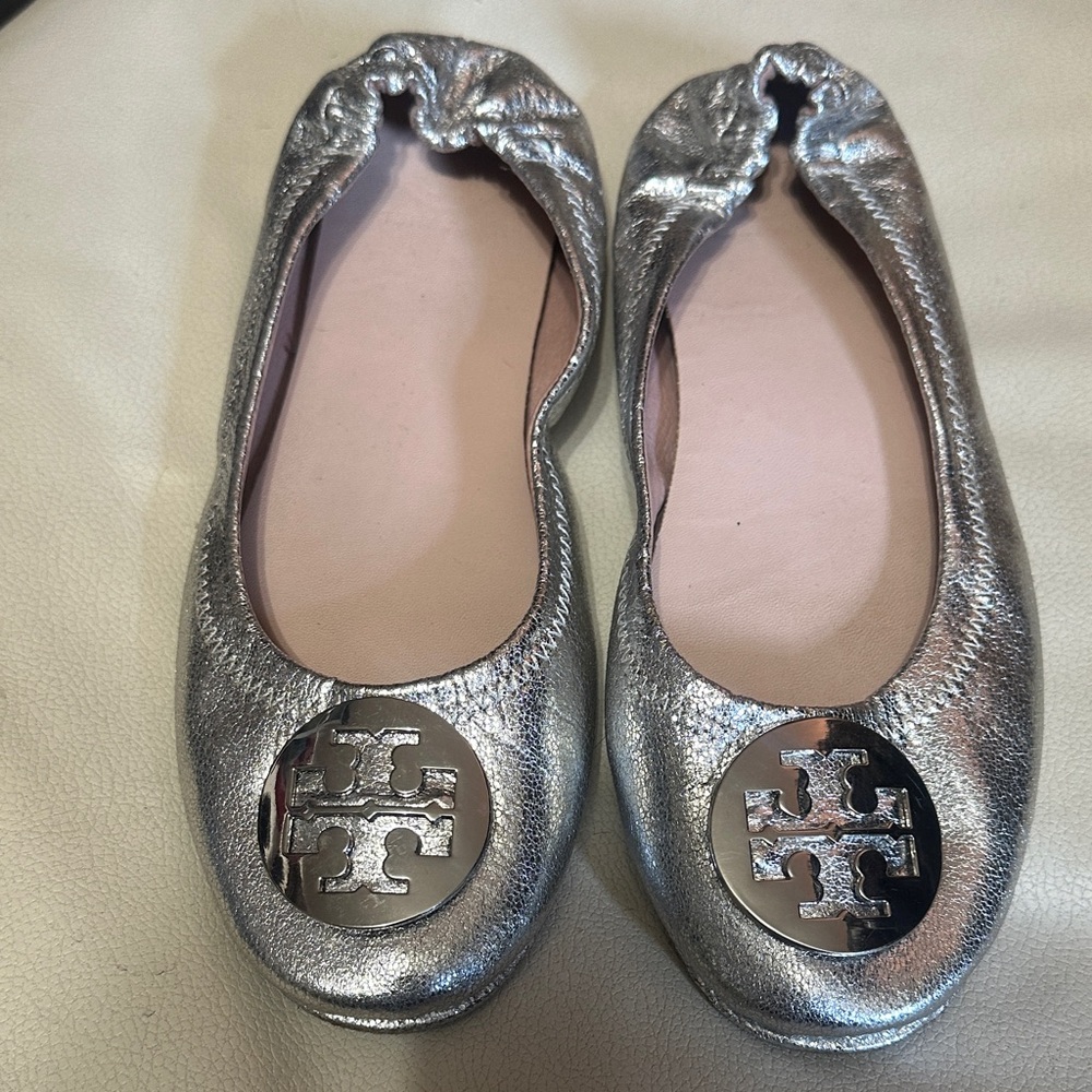 Tory Burch Metallic Silver Flats